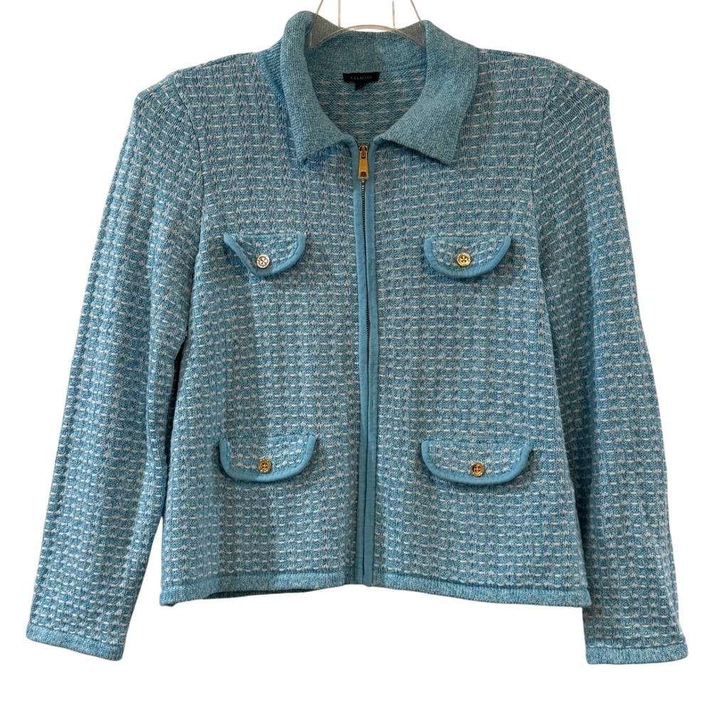 Talbots Blue Tweed-Style Knit Jacket Cardigan – Women's Large
